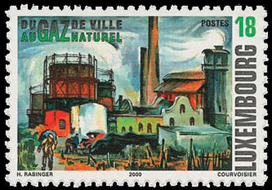 A town gas works is portrayed in this postage stamp issued in Luxemburg in 2000. This commemorative stamp recalls town gas storage tanks that were a prominent part of the municipal infrastructure in England, the U.S. and Australia.